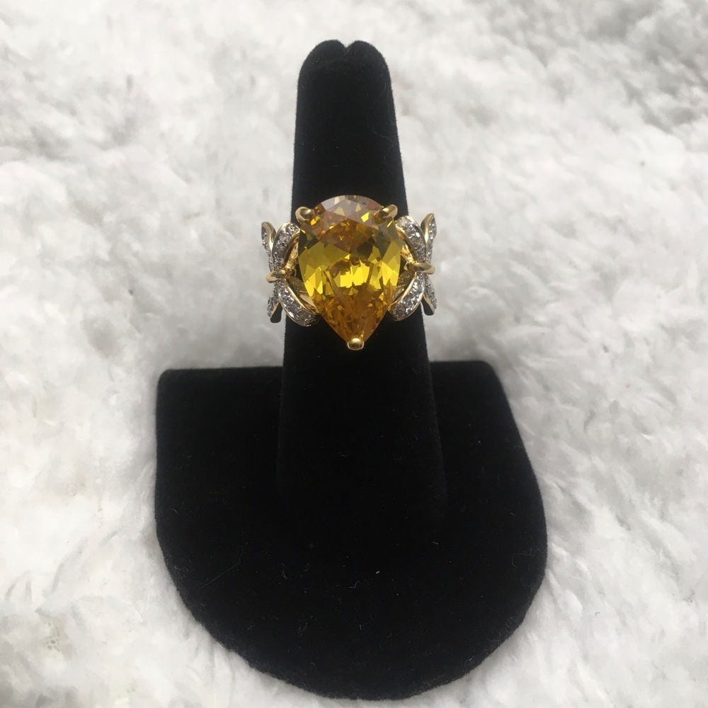 Brass Gold Plated Pear Shape Citrine CZ Ring Sz 7